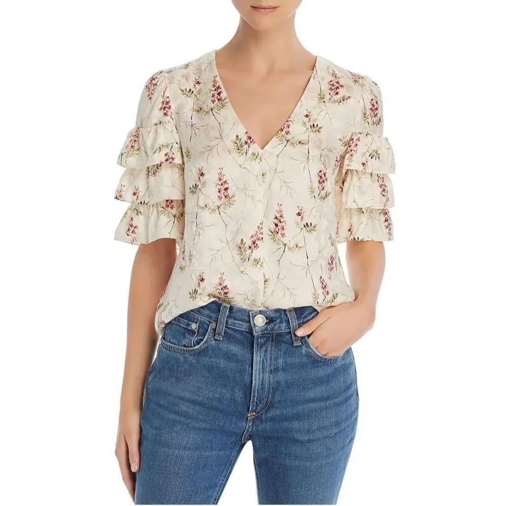 Rebecca Taylor Ivie Silk Blend Ruffle Sleeve Floral Blouse Size 0